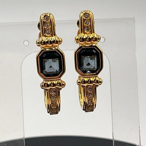 Swarovski Swan Vintage Gold Tone Pave Blue Bezel Crystal Half Hoop Clip Earring - Picture 1 of 8